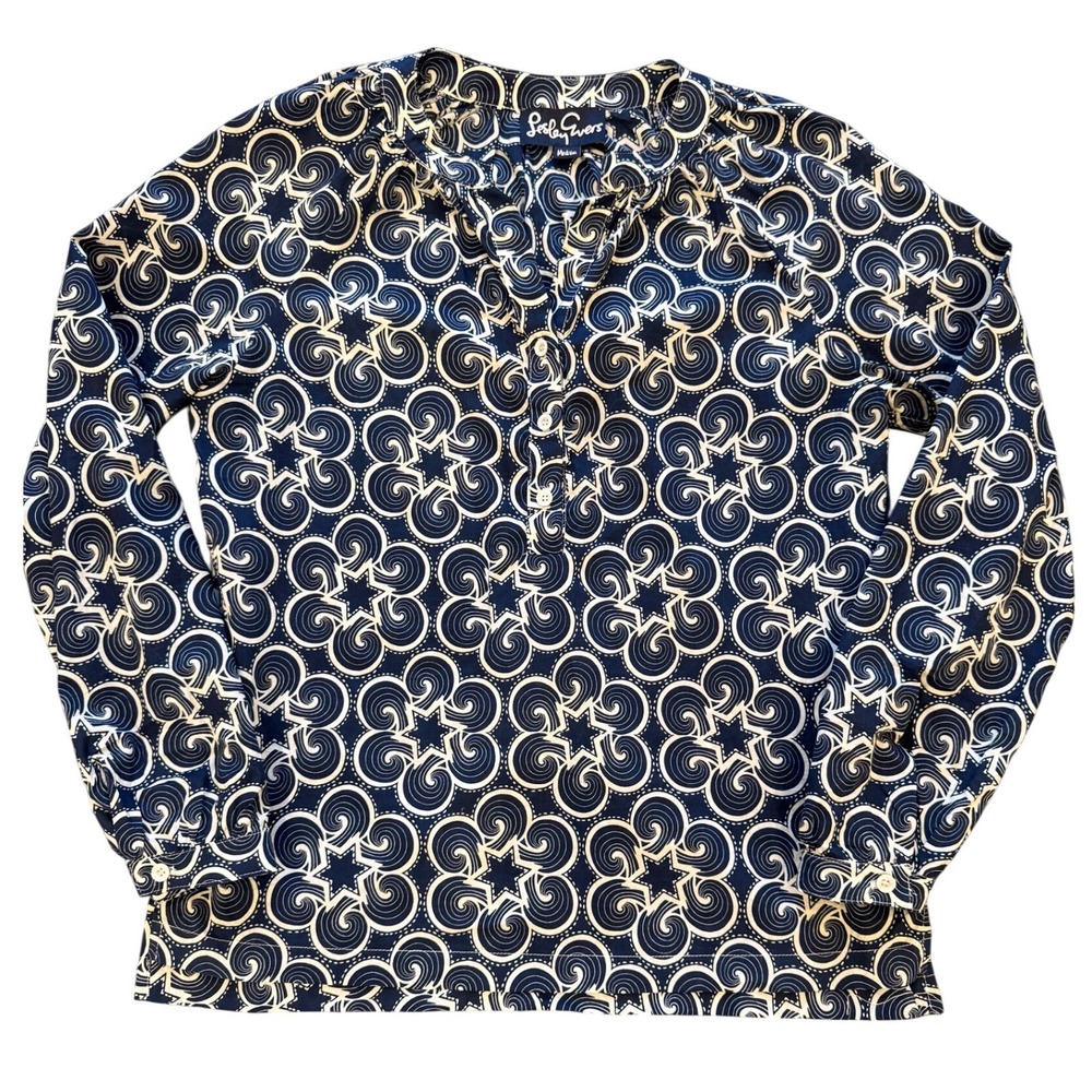 Lesley Evers Navy White Geometric Swirl Star Cotton Blouse Top Womens Medium - Picture 2 of 9